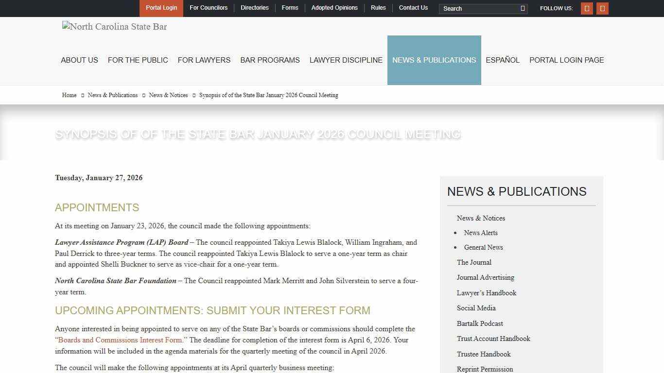 Synopsis of of the State Bar January 2026 Council Meeting North Carolina State Bar